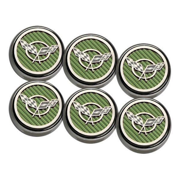 American Car Craft® - Chrome Green Carbon Fiber Fluid Cap Cover Set with Crossed Flags Logo