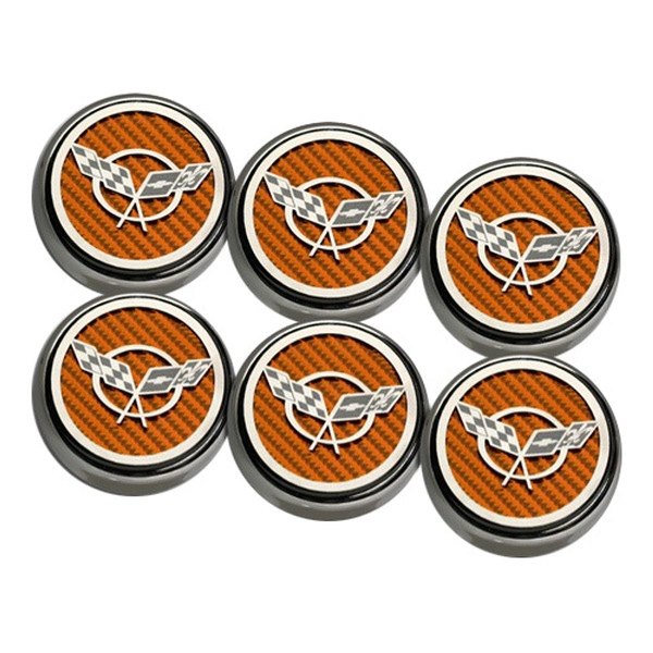 American Car Craft® - Chrome Orange Carbon Fiber Fluid Cap Cover Set with Crossed Flags Logo