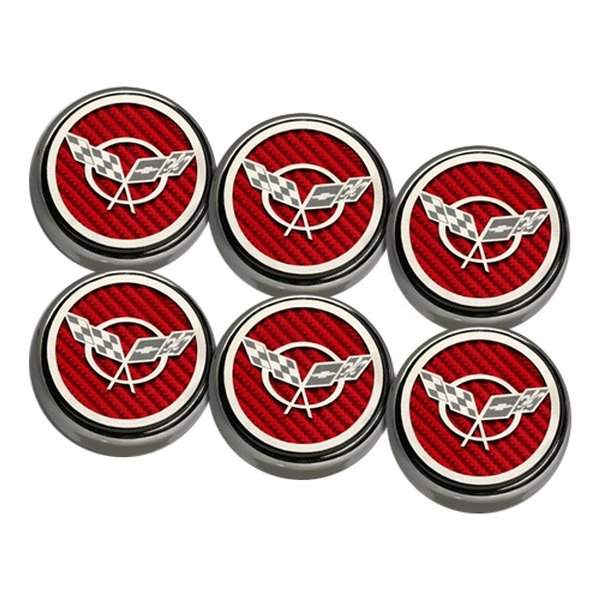 American Car Craft® - Chrome Red Carbon Fiber Fluid Cap Cover Set with Crossed Flags Logo