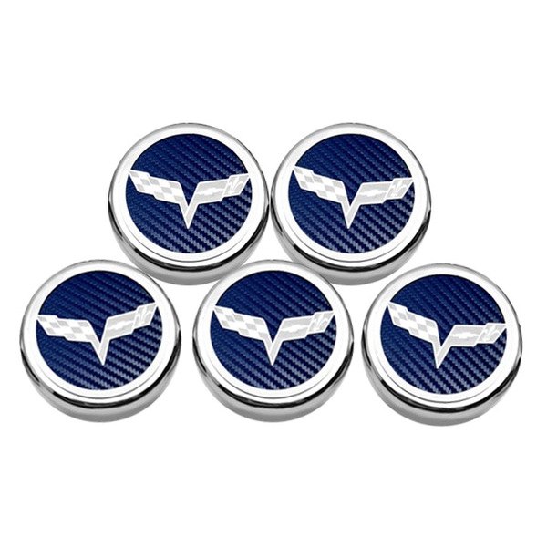 American Car Craft® - Executive Series Chrome/Brushed Blue Carbon Fiber Fluid Cap Cover Set with Crossed Flags Logo