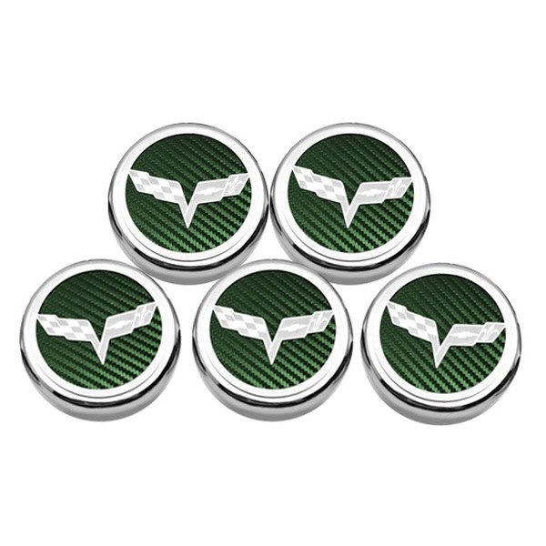American Car Craft® - Executive Series Chrome/Brushed Green Carbon Fiber Fluid Cap Cover Set with Crossed Flags Logo