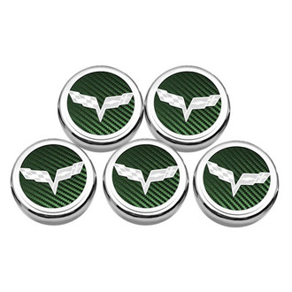 ACC® - Executive Series Chrome/Brushed Green Carbon Fiber Fluid Cap Cover Set with Crossed Flags Logo