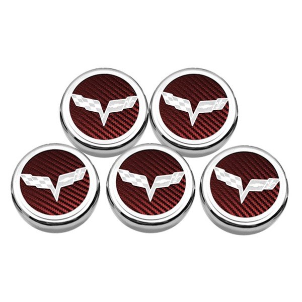 American Car Craft® - Executive Series Chrome/Brushed Red Carbon Fiber Fluid Cap Cover Set with Crossed Flags Logo