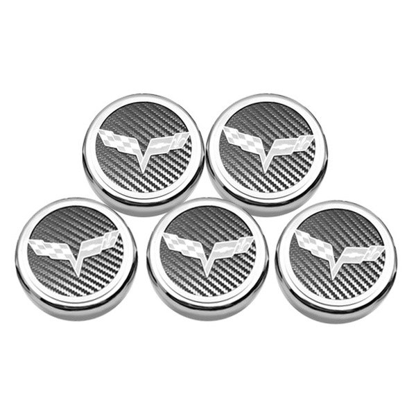 American Car Craft® - Executive Series Chrome/Brushed White Carbon Fiber Fluid Cap Cover Set with Crossed Flags Logo