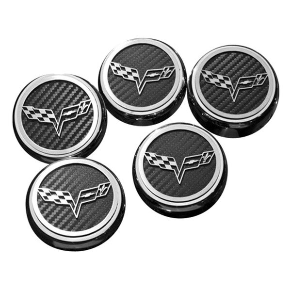 American Car Craft® - Executive Series Chrome/Brushed Black Carbon Fiber Fluid Cap Cover Set with Crossed Flags Logo
