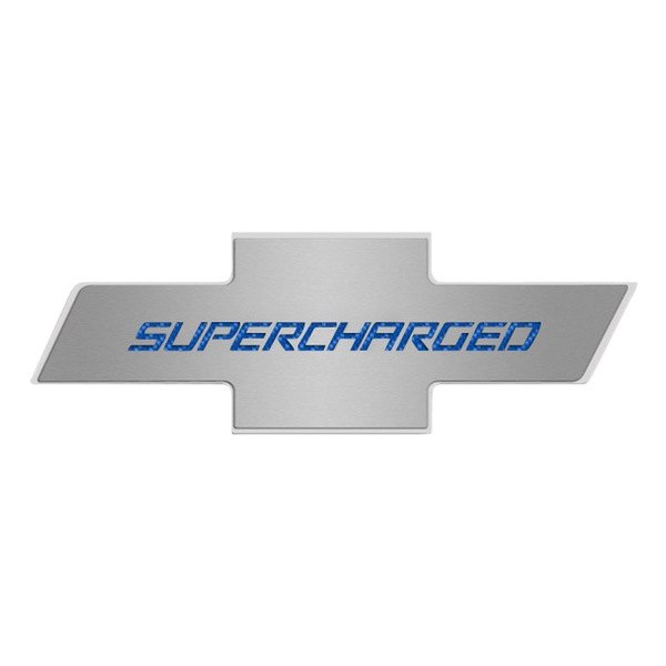 American Car Craft® - Brushed Hood Panel Badge with Blue Supercharged Logo