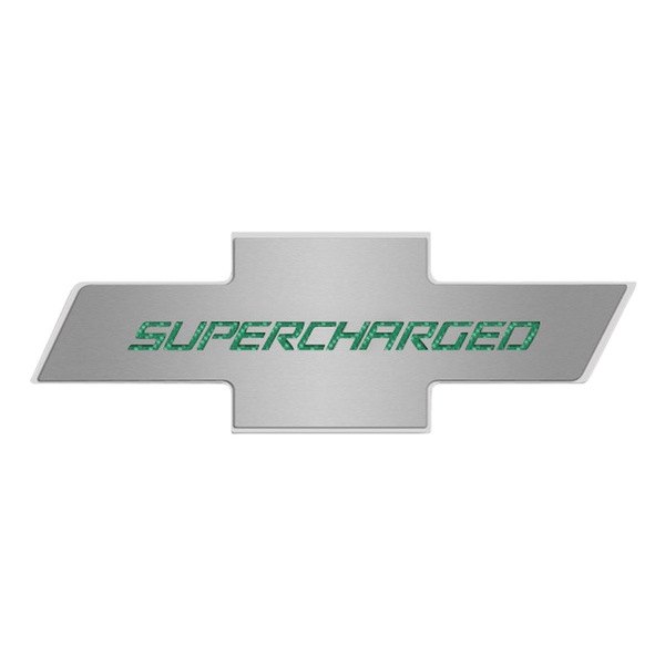 American Car Craft® - Brushed Hood Panel Badge with Green Supercharged Logo