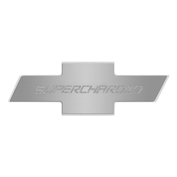American Car Craft® - Brushed Hood Panel Badge with White Supercharged Logo