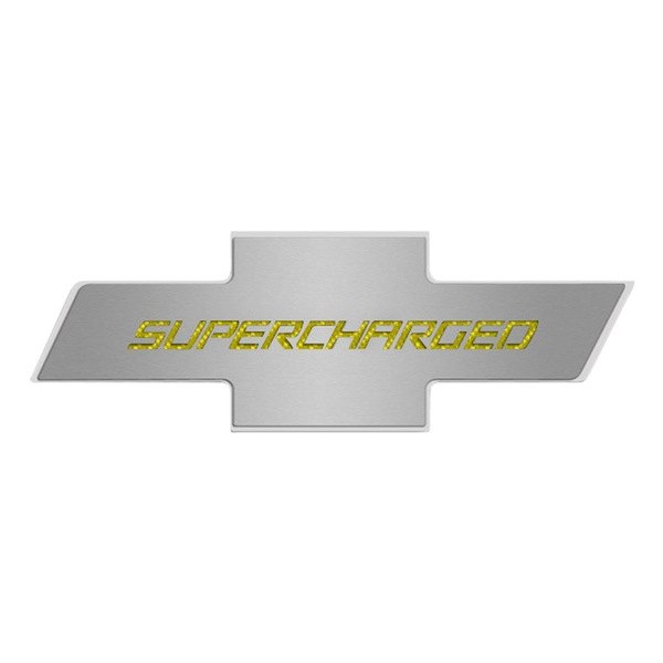 American Car Craft® - Brushed Hood Panel Badge with Yellow Supercharged Logo
