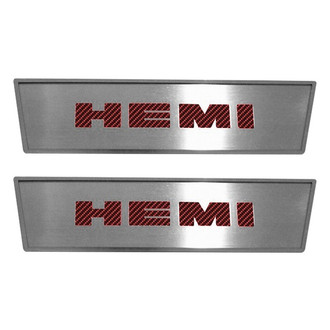 ACC® - GM Licensed Brushed Front Door Badge Plates with Bright Red HEMI Logo