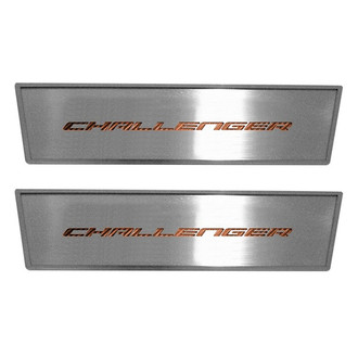 ACC® - MOPAR Licensed Brushed Front Door Badge Plates with HEMI Orange Challenger Logo