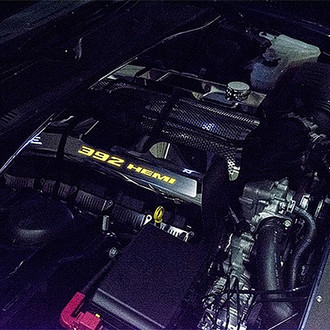 ACC® - MOPAR Licensed Series Non-Illuminated Polished Fuel Rail Covers with Yellow Carbon Fiber 392 HEMI Logo