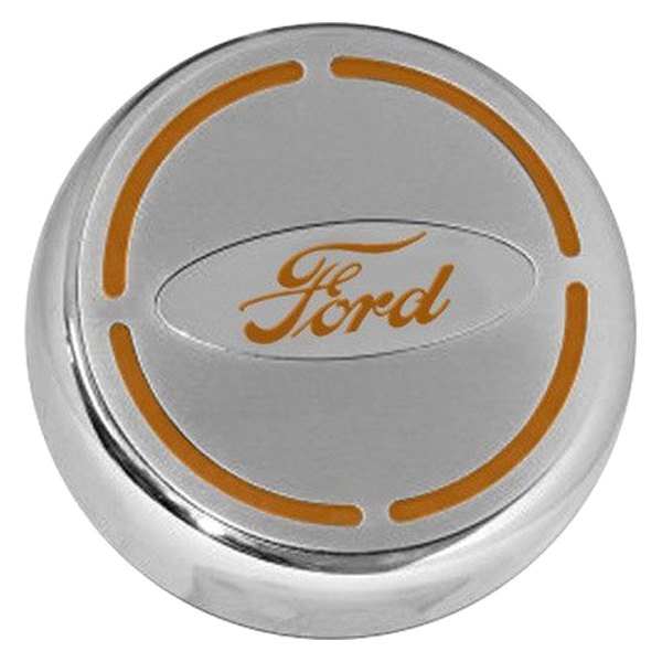 American Car Craft® - Brushed Engine Fluid Caps with Orange Ford Logo