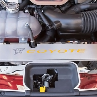 ACC® - Brushed Radiator Cover Vanity Plate with Yellow Carbon Fiber Etched Logo and Coyote Lettering