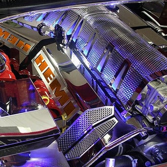 ACC® - MOPAR Licensed Series Perforated Polished Fuel Rail Covers with Orange Carbon Fiber HEMI Logo