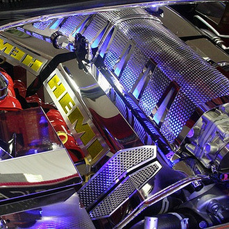 ACC® - MOPAR Licensed Series Perforated Polished Fuel Rail Covers with Yellow Carbon Fiber HEMI Logo