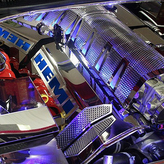 ACC® - MOPAR Licensed Series Perforated Polished Fuel Rail Covers with Blue Carbon Fiber HEMI Logo