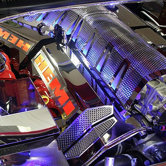 ACC® - MOPAR Licensed Series Perforated Polished Fuel Rail Covers with HEMI Orange Solid HEMI Logo
