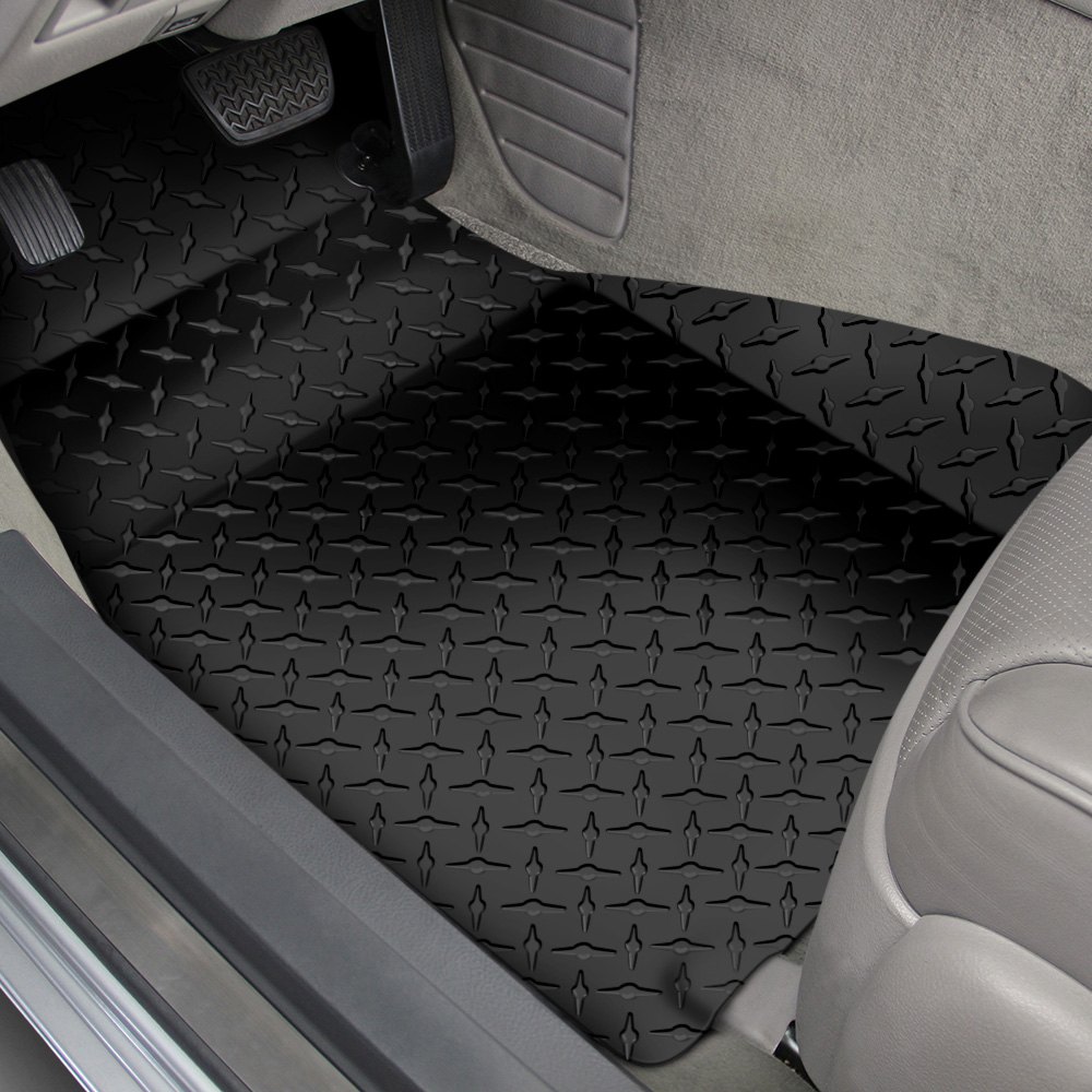 Auto Drive 2PC Rubber Floor Mats Diamond Plate Black - Universal