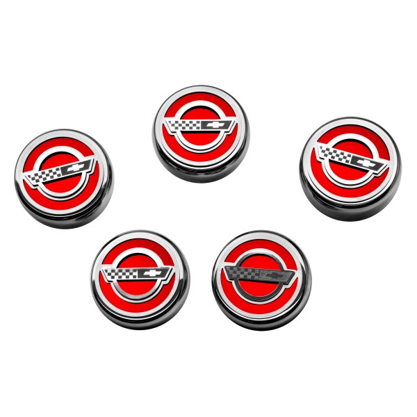 American Car Craft® - C4 Style Chrome Bright Red Solid Fluid Cap Cover Set with Etched Logo