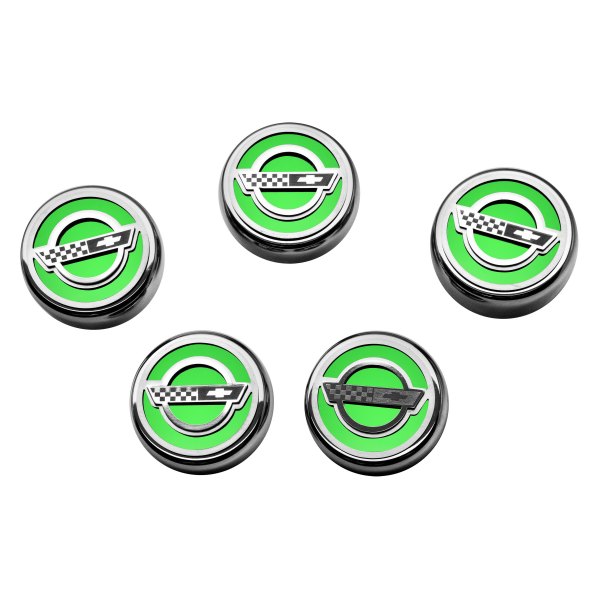 American Car Craft® - C4 Style Chrome Synergy Green Solid Fluid Cap Cover Set with Etched Logo
