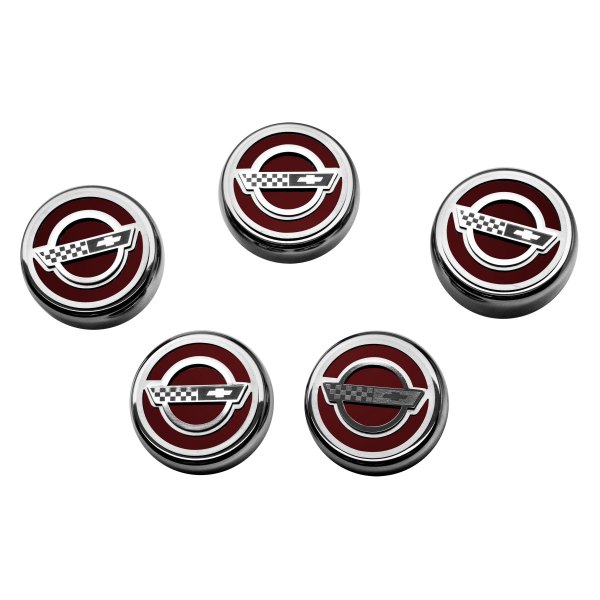 American Car Craft® - C4 Style Chrome Garnet Red Solid Fluid Cap Cover Set with Etched Logo