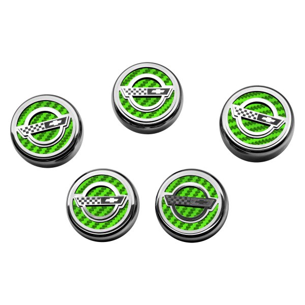American Car Craft® - C4 Style Chrome Green Carbon Fiber Fluid Cap Cover Set with Etched Logo