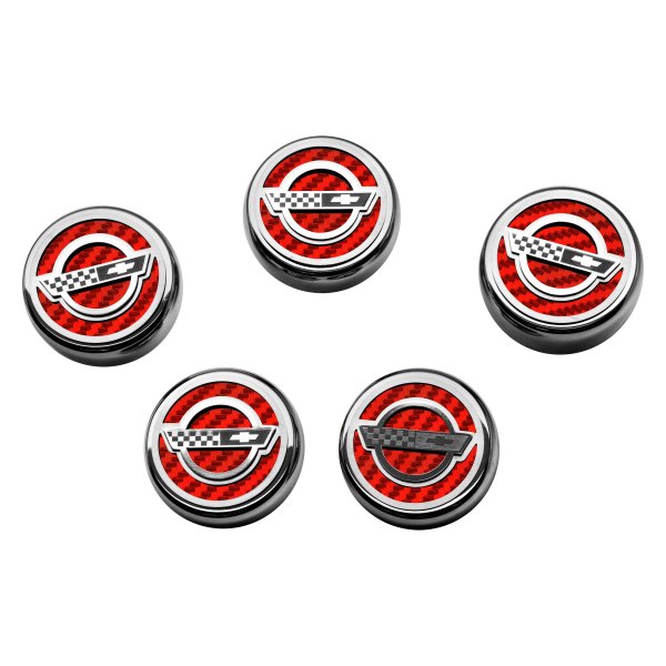 American Car Craft® - C4 Style Chrome Red Carbon Fiber Fluid Cap Cover Set with Etched Logo