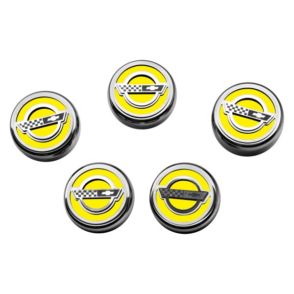 American Car Craft® - C4 Style Chrome Yellow Solid Fluid Cap Cover Set with Etched Logo