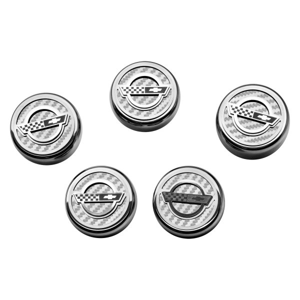 American Car Craft® - C4 Style Chrome White Carbon Fiber Fluid Cap Cover Set with Etched Logo