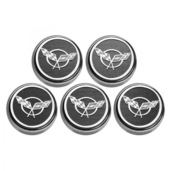 American Car Craft® - GM Licensed Series Chrome Brushed Black Solid Fluid Cap Cover Set with Crossed Flags Logo