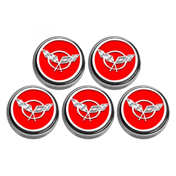 American Car Craft® - GM Licensed Series Chrome Bright Red Solid Engine Fluid Cap Cover Set with Crossed Flags Logo