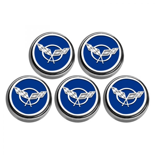 American Car Craft® - GM Licensed Series Chrome Dark Blue Solid Engine Fluid Cap Cover Set with Crossed Flags Logo