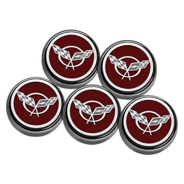 American Car Craft® - GM Licensed Series Chrome Garnet Red Solid Engine Fluid Cap Cover Set with Crossed Flags Logo