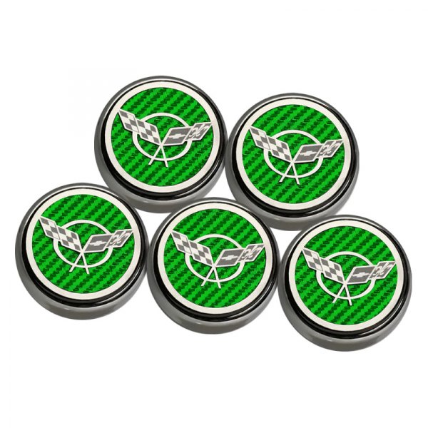 American Car Craft® - GM Licensed Series Chrome Green Carbon Fiber Fluid Cap Cover Set with Crossed Flags Logo