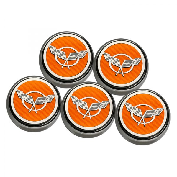 American Car Craft® - GM Licensed Series Chrome Orange Carbon Fiber Fluid Cap Cover Set with Crossed Flags Logo