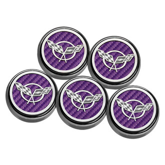ACC® - GM Licensed Series Chrome Purple Carbon Fiber Engine Fluid Cap Cover Set with Crossed Flags Logo