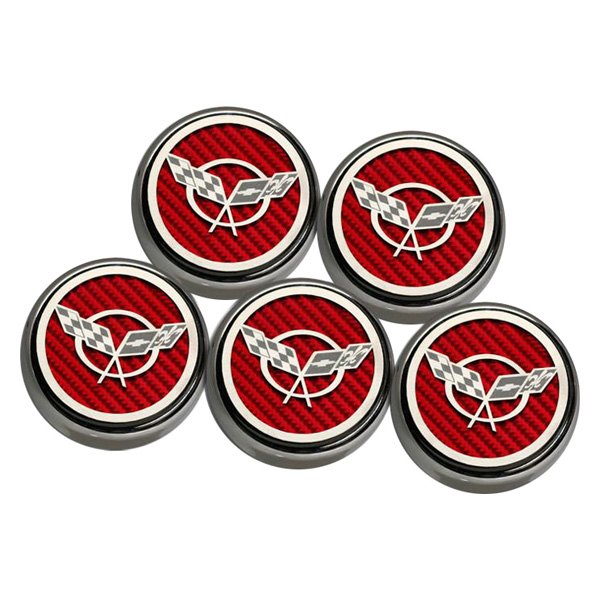 American Car Craft® - GM Licensed Series Chrome Red Carbon Fiber Fluid Cap Cover Set with Crossed Flags Logo