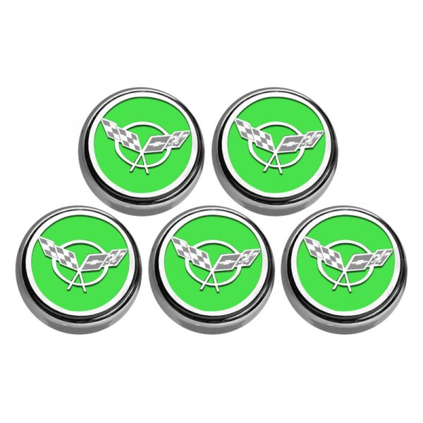American Car Craft® - GM Licensed Series Chrome Synergy Green Solid Fluid Cap Cover Set with Crossed Flags Logo