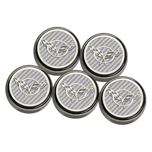 American Car Craft® - GM Licensed Series Chrome White Carbon Fiber Fluid Cap Cover Set with Crossed Flags Logo