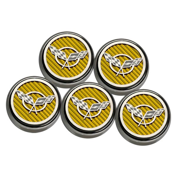 American Car Craft® - GM Licensed Series Chrome Yellow Carbon Fiber Fluid Cap Cover Set with Crossed Flags Logo