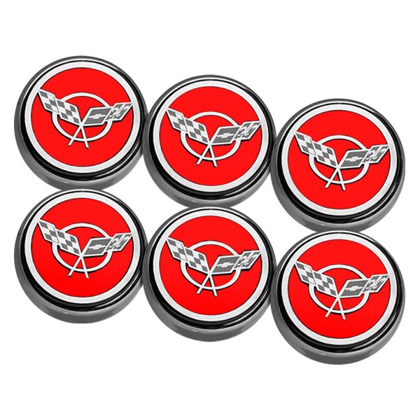 American Car Craft® - Chrome Bright Red Solid Engine Fluid Cap Cover Set with Crossed Flags Logo