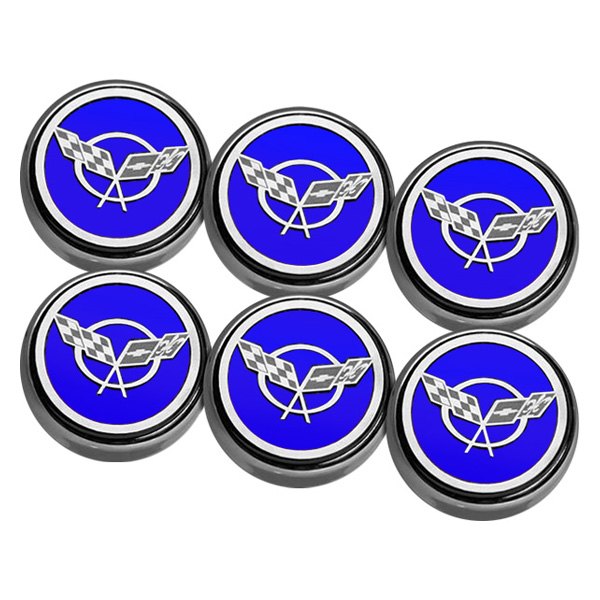 American Car Craft® - Chrome Dark Blue Solid Engine Fluid Cap Cover Set with Crossed Flags Logo