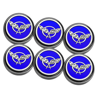 ACC® - Chrome Dark Blue Solid Engine Fluid Cap Cover Set with Crossed Flags Logo