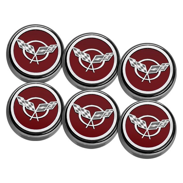 American Car Craft® - Chrome Garnet Red Solid Engine Fluid Cap Cover Set with Crossed Flags Logo