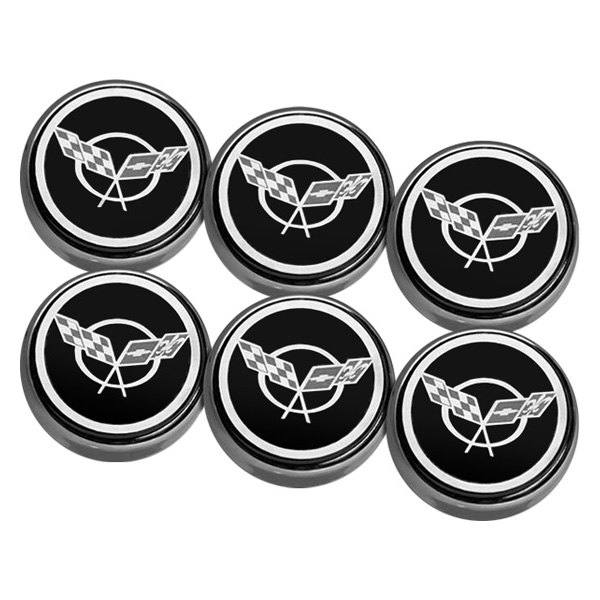 American Car Craft® - Chrome Black Solid Engine Fluid Cap Cover Set with Crossed Flags Logo