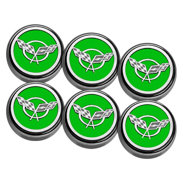 American Car Craft® - Chrome Synergy Green Solid Engine Fluid Cap Cover Set with Crossed Flags Logo