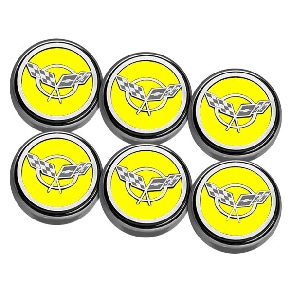American Car Craft® - Chrome Yellow Solid Engine Fluid Cap Cover Set with Crossed Flags Logo
