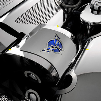 ACC® - Brushed Alternator Cover with Blue Carbon Fiber Deluxe Crossed Flags Logo