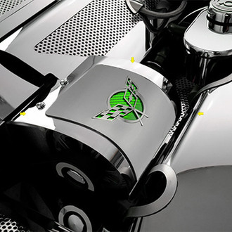 ACC® - Brushed Alternator Cover with Green Carbon Fiber Deluxe Crossed Flags Logo